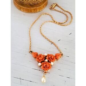 Vintage Faux Coral Celluloid Floral Choker Necklace